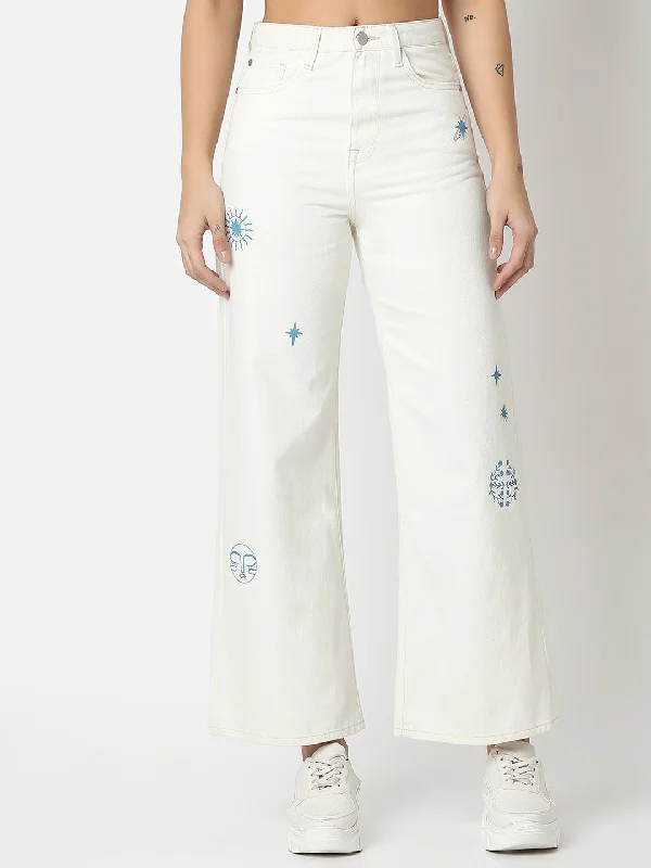 Spykar Off White Wide Leg High Rise Jeans For Women