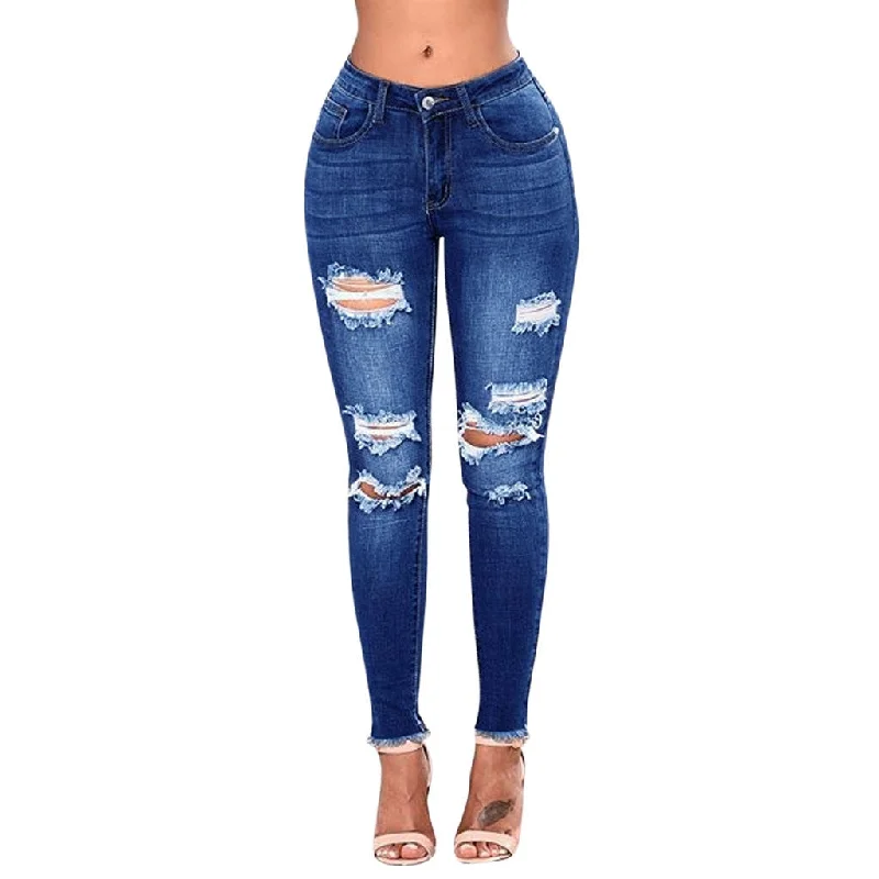 2020 Women High Waist Casual Denim JeansSlim Plus Size Ripped Hole Long Jeans Denim Regular Pants Women Mom Jeans #YL10