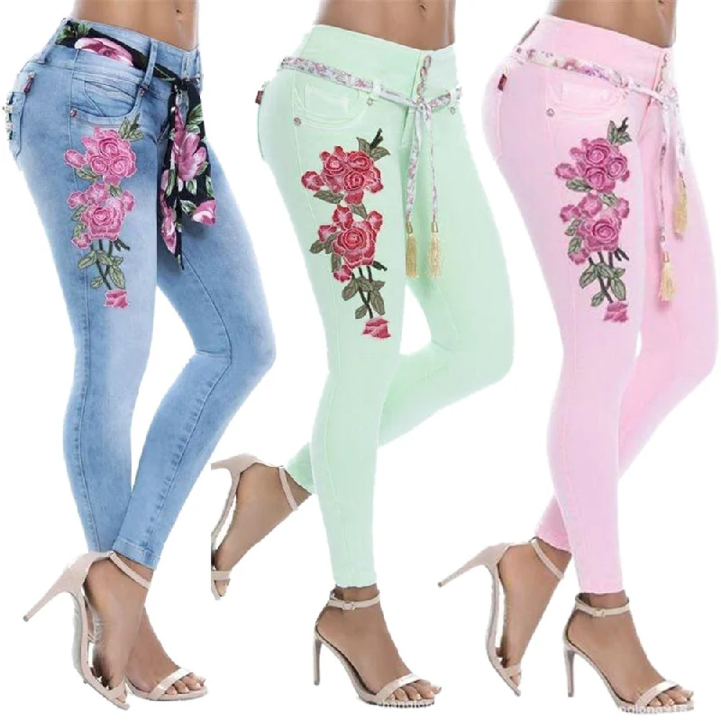 CHAMSGEND Plus Size Women Jeans Fashion Sexy Women Embroidered Jeans Stretch High Waist Slim Sexy Pencil Pants Pockets Jeans Fe6