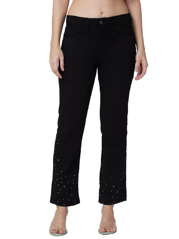 Spykar Mid Rise Slim Straight Fit Black Jeans For Women