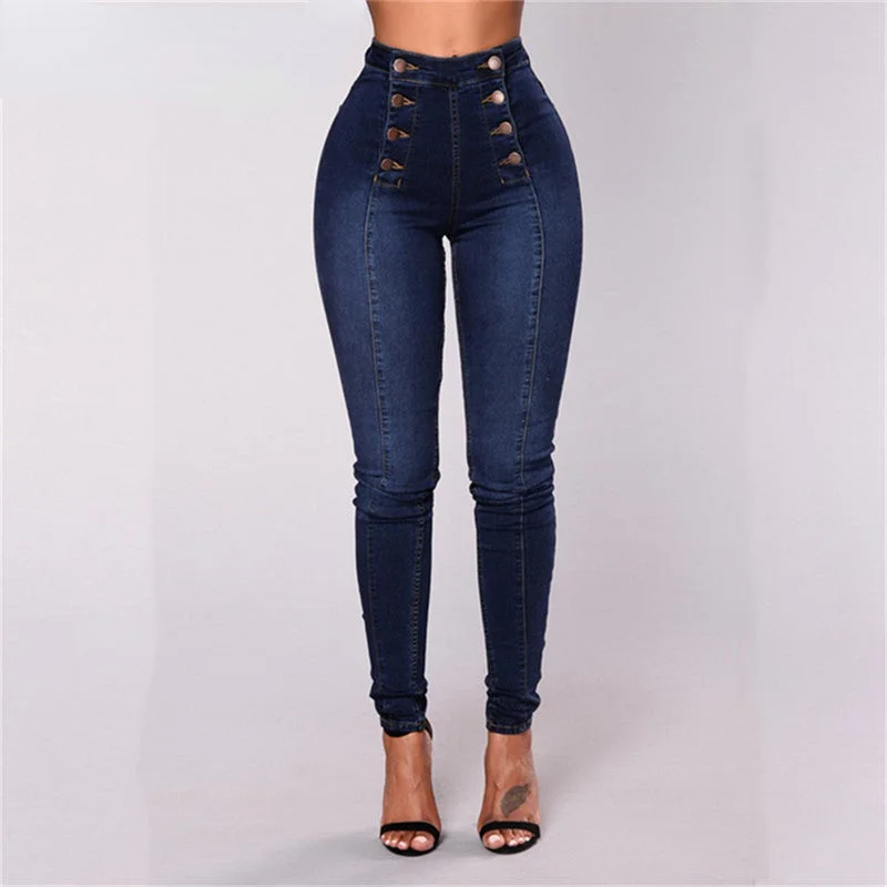 DressBetty - Vintage Skinny Double-Breasted High Waist Pencil Jeans Slim Fit Stretch Denim Pants Full Length Denim Tight