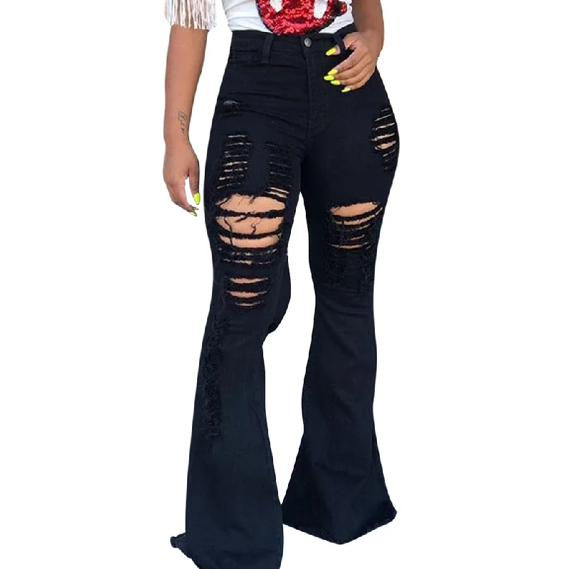 2020 Streetwear Mujer Pants Fashion Women Button Ripped Zipper Flares Trousers Jeans Hole Slim Casual Denim Pants #YL10