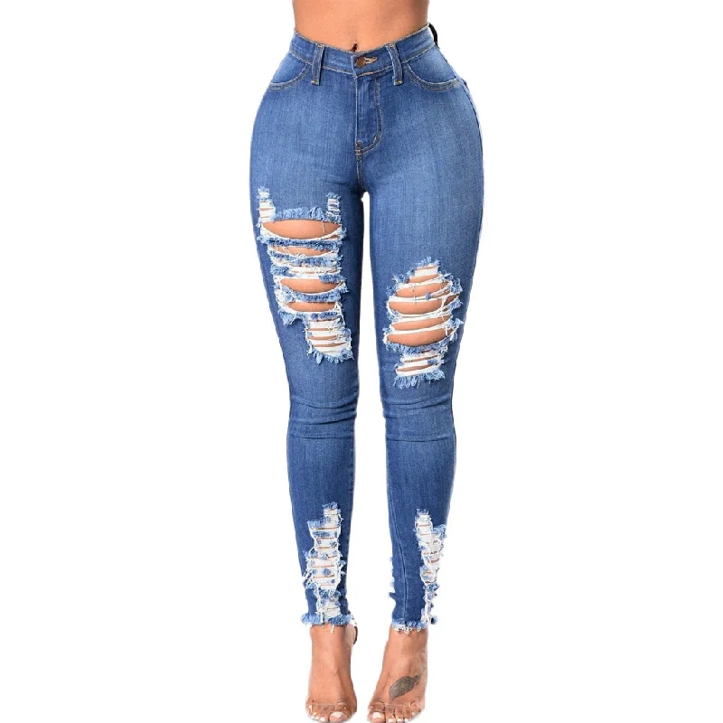 2020 Women High Waist Casual Denim JeansSlim Plus Size Ripped Hole Long Jeans Denim Regular Pants Women Mom Jeans #YL10