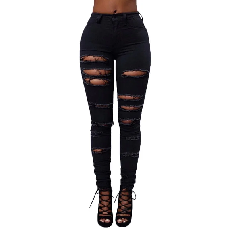 Ripped Jeans For Women Trousers Mid Waisted Skinny Hole Denim Pants Black White Sexy Slim Female Jeans Mujer  #Zer