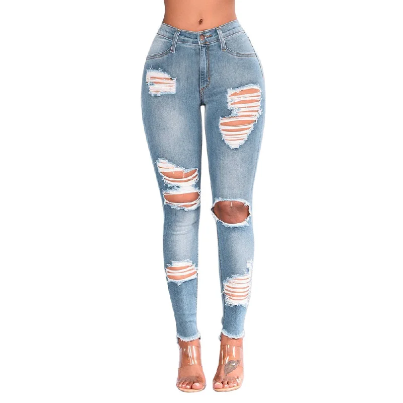 Long casual Jeans Women Mid waist waisted Skinny Pencil Blue Denim Pants ripped hole cropped slim fit skinny sexy Pencil Pants