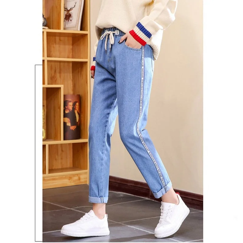 Woman's Jeans Casual Stretch Trousers High Waist Light Blue Plus Size Sweet Loose Jeans Buttons Washed Denim Nine Harem Pants