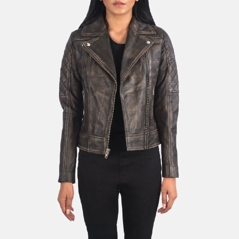 Carolyn Quilted Distressed Brown Biker Jacket