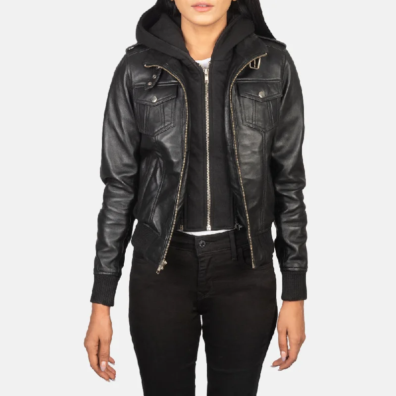 Roslyn Black Hooded Leather Bomber Jacket