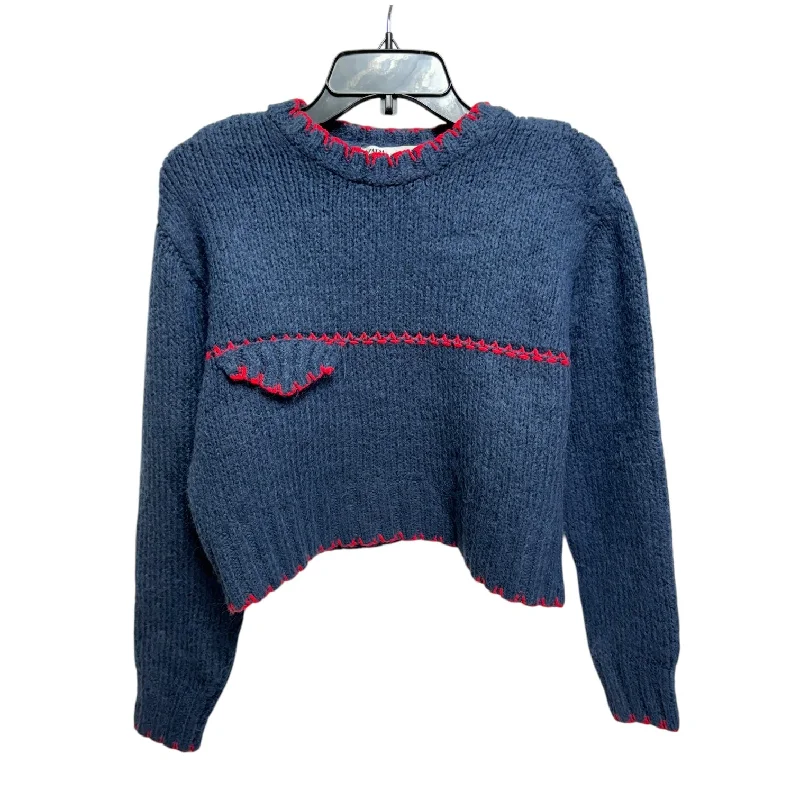 Contrast Stitch Cropped Sweater By Zara In Blue, Size: S