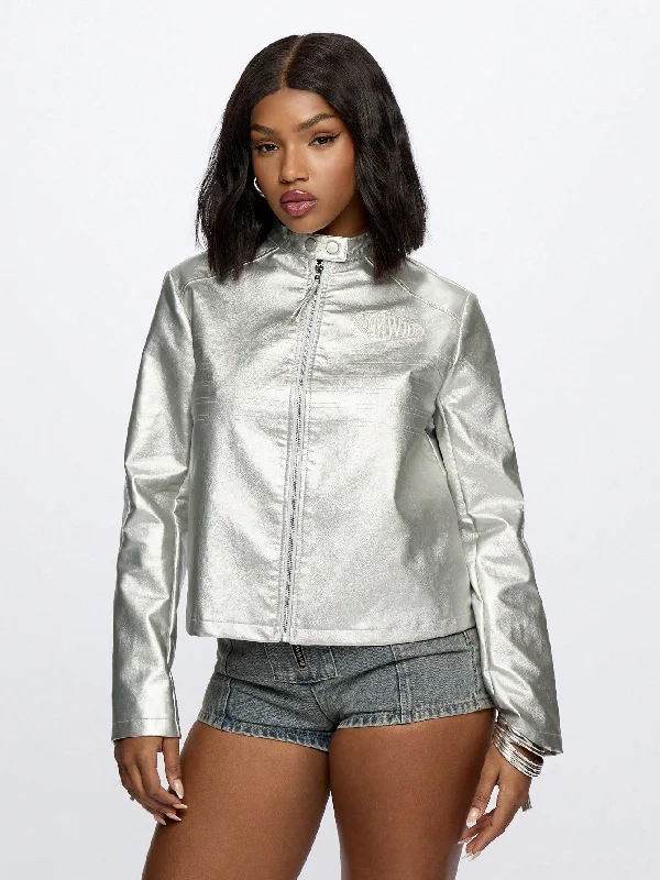 SUMWON WOMEN Silver PU Zip Through Biker Jacket