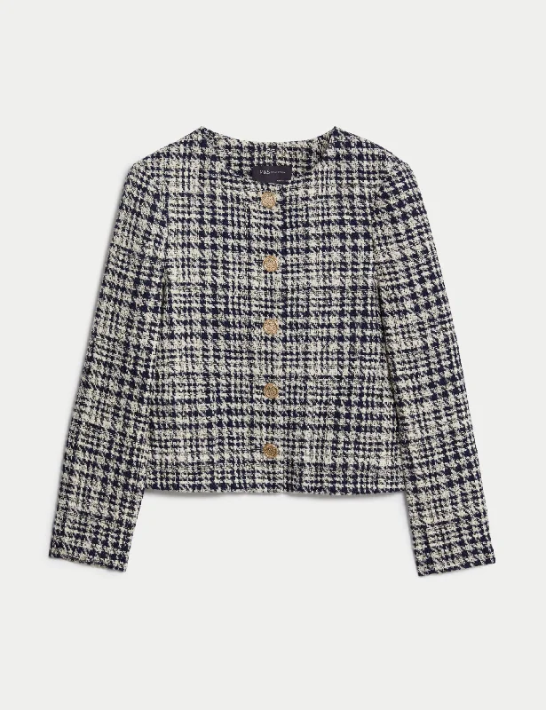 Tweed Checked Collarless Short Jacket